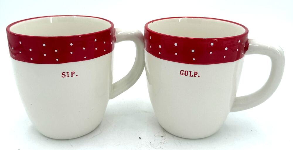 Rae Dunn Red & White Polka Dot Sip & Gulp Set of 2 Mugs NEW